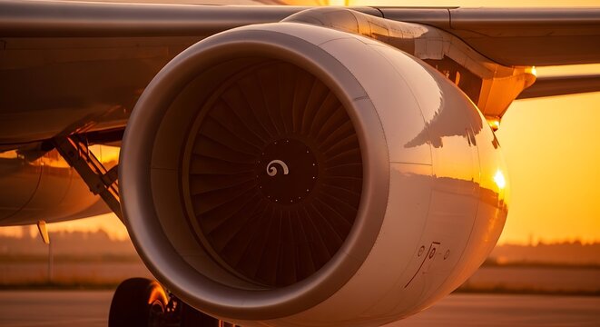 Close-up of jet engine turbine at sunset with warm golden light and motion blur effect