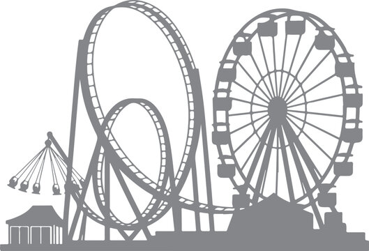 Outlined amusement park silhouette featuring ferris wheel and rollercoaster for fun fair theme design projects isolated on transparent background.