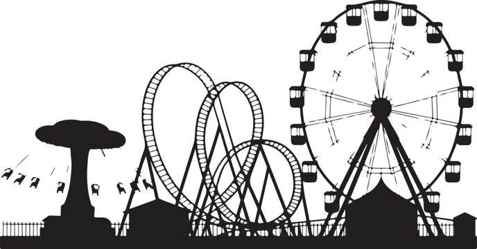 Detailed amusement park silhouette featuring rollercoaster and ferris wheel for fun fair theme design projects isolated on transparent background.