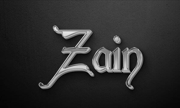 Silver 3D text effect of name Zain on dark background.