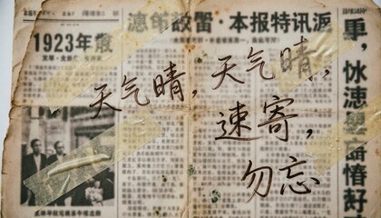 Fototapeta premium Vintage Chinese newspaper with handwritten brush calligraphy text