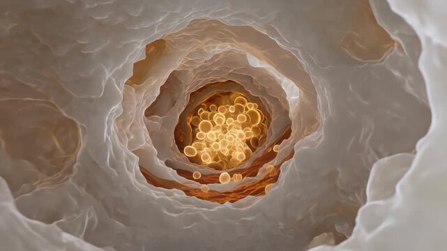 Deep microscopic journey through bone marrow showing stem cells in nutrient fluid within porous crystalline honeycomb bone architecture visualization