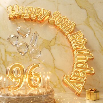 Golden Happy 96th Birthday Arch Lettering with Crystal Balloon Decorations Celebration Cake Candles Marble Background and Gift Box
