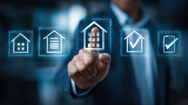 An office worker reviews housing options using digital graphics on a screen in a modern workspace during a weekday