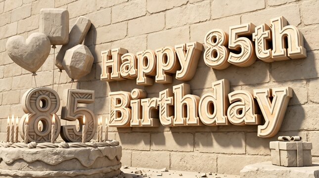 Carved Stone Happy 85th Birthday Typography on Brick Wall Background with Sculpted Balloons Celebration Cake Candles and Gift Box