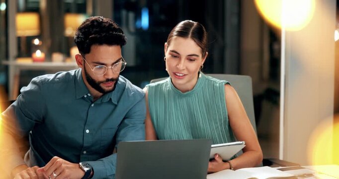 Team, tablet and advice on laptop in office for market shift, investment strategy or global trading. Night, people or mentor with tech for currency update, monitor stocks and explain price movement