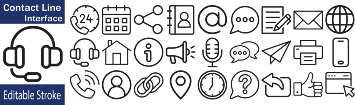 27 Communication and Contact Line Icons Set - Editable Stroke Vector