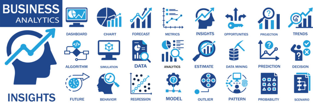 Business Analytics and Data Science Icon Set - 24 Flat Vector Icons for Insights, Charts, and Forecasting
