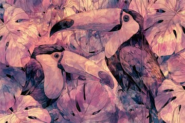 Fototapeta premium Artistic watercolor illustration of two toucans nestled amongst vibrant tropical monstera leaves in shades of pink and purple.