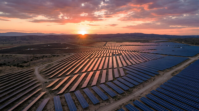 Solar power station, photovoltaic panels field, dramatic sunset sky, and green energy infrastructure. Drone photograph.