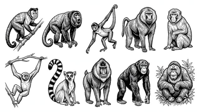Hand drawn sketch collection of various monkey and ape species vector illustration