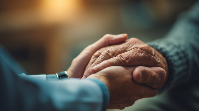 caregiver holding elderly person's hands in gesture of compassion support and emotional comfort