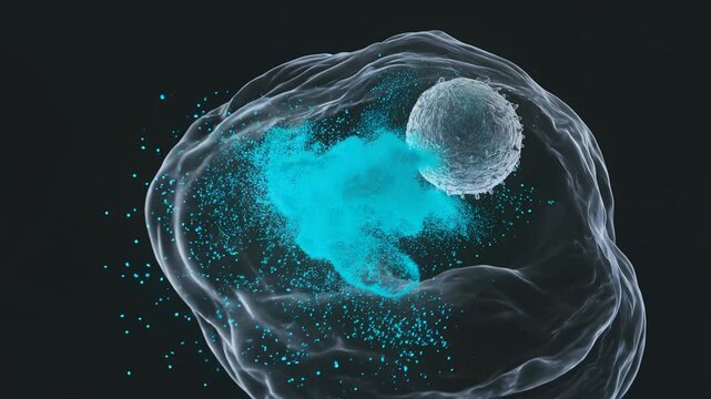 Microscopic view of activated T cell releasing glowing cytokine molecules signaling immune response through fluid dynamics in cinematic medical visualization