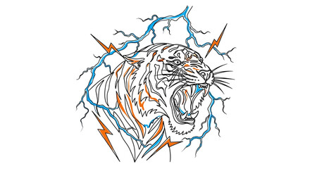 Fierce Tiger Roaring with Lightning Bolts - Graphic Illustration © Nur