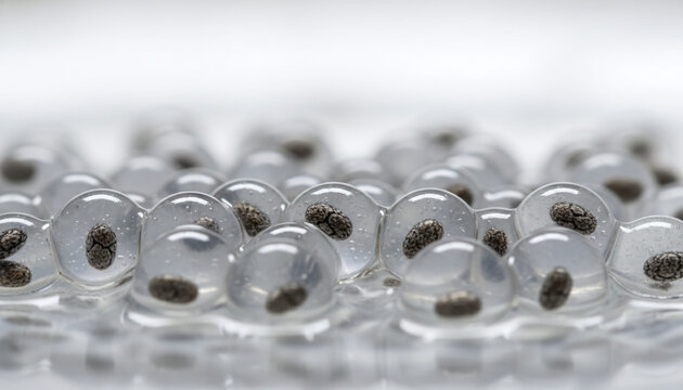 Hydrated chia seeds macro with transparent gelatinous mucilage halos