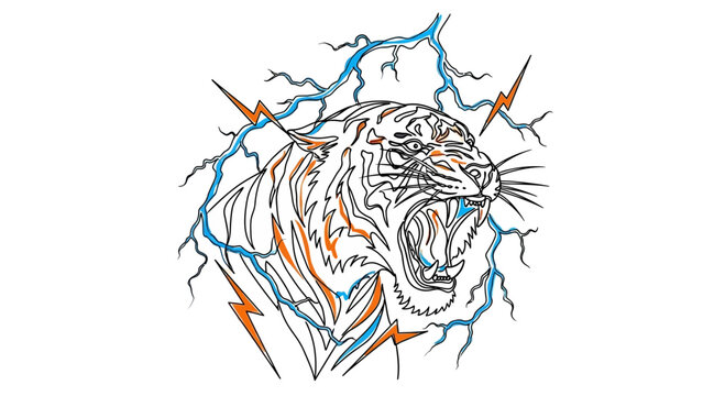 Fierce Tiger Roaring with Lightning Bolts - Graphic Illustration