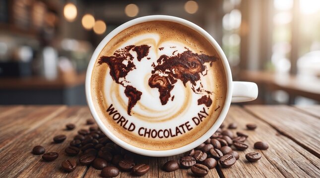 World map latte art coffee cup on wooden table