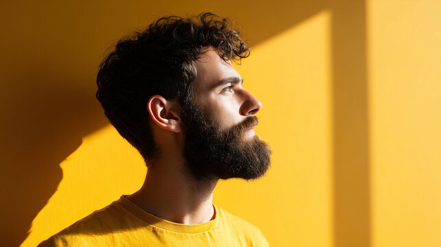 Side profile portrait of a thoughtful man with a full beard and curly hair looking upward against a bright yellow wall illuminated by strong sunlight and shadows.