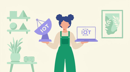 Illustration of Internet of Things (IoT) concept with person, satellite, and laptop © Pixelply