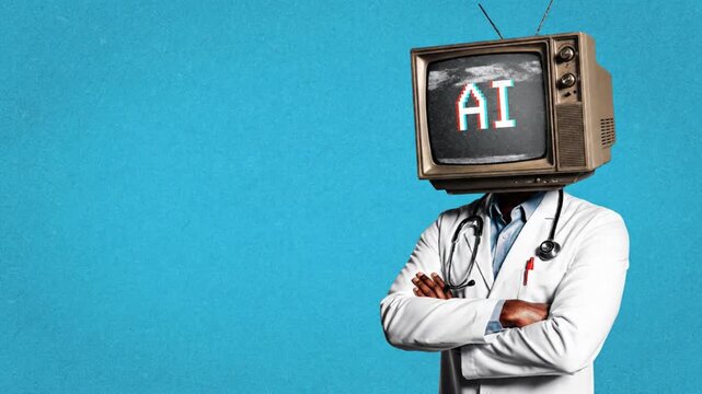 Ai doctor with vintage television head on blue background