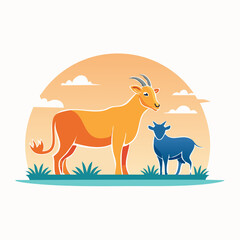 Obraz premium Stylized Illustration of Two Goats in a Field at Sunset