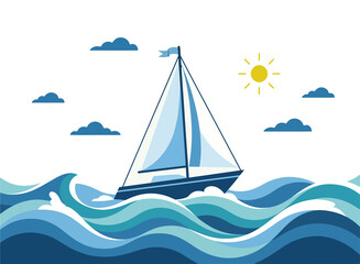 Naklejka premium Sailboat Sailing on Ocean Waves Vector Illustration – Nautical Sea Adventure, Marine Travel and Summer Vacation Concept