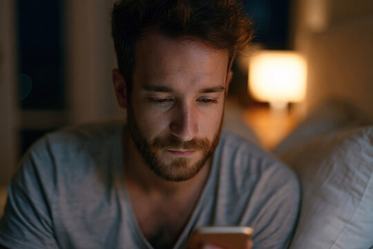 Man rests on bed, eyes fixed on phone. Soft lamp glows behind him, casting warm light. His expression shows quiet focus or mild concern. Ideal for scenes of late-night browsing or personal reflection