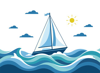 Fototapeta premium Sailboat Sailing on Ocean Waves Vector Illustration – Nautical Sea Adventure, Marine Travel and Summer Vacation Concept