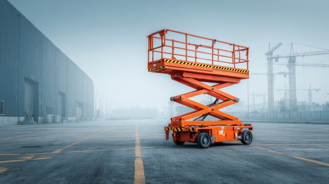 Orange mobile scissor lift positioned at construction site under foggy atmosphere