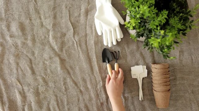 Flat lay of gardening tools and accessories on rustic burlap cloth
