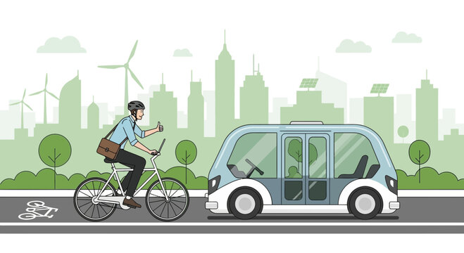 Eco-friendly urban transport: cyclist and autonomous shuttle in green city