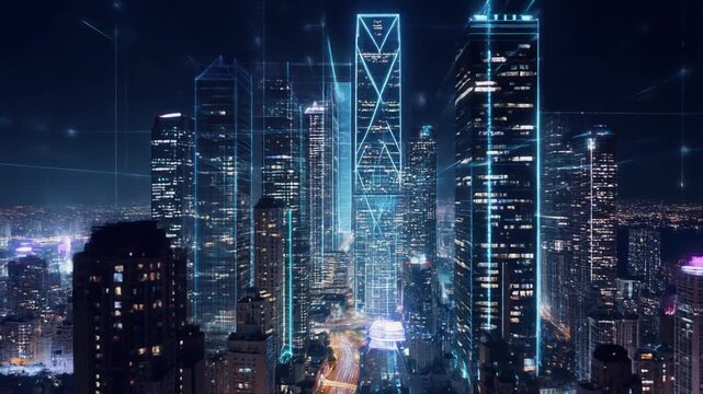 Glowing digital grid lines overlaying a modern metropolitan city skyline in this futuristic motion animation clip
