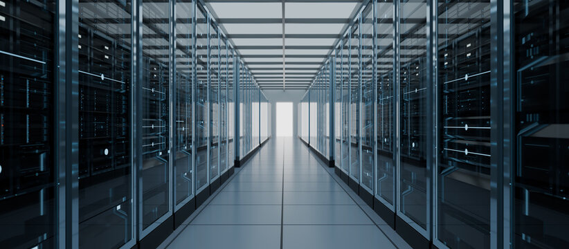 Computer server room in data center center corridor, representing cloud computing network infrastructure, big data storage hosting, cyber security mainframes server equipment