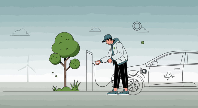 Man charging electric car at charging station, sustainable energy concept