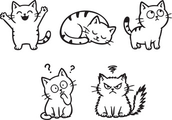Obraz premium Cute Cat Emotions Doodle Set Hand Drawn Cartoon Kitty Characters Vector Collection