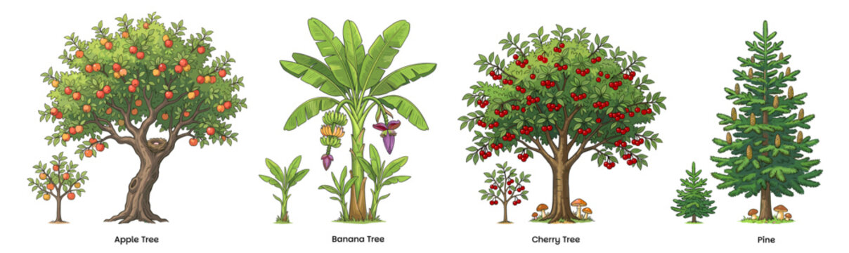 Detailed Cartoon tree Illustration set. Grown and Young version on an Apple, Cherry, Banana and Pine Tree. Vibrant Color Vector illustration Set
