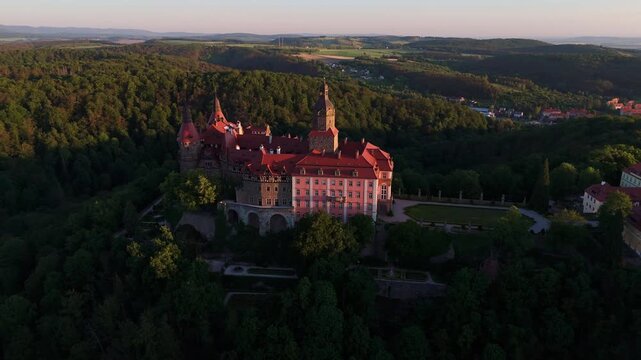Aerial view of Walbrzych Castle in Poland at dawn in spring