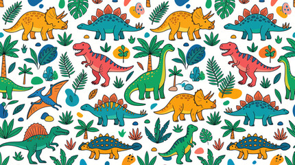 Cute Dinosaur Pattern - Colorful Jurassic Creatures and Tropical Leaves © aa