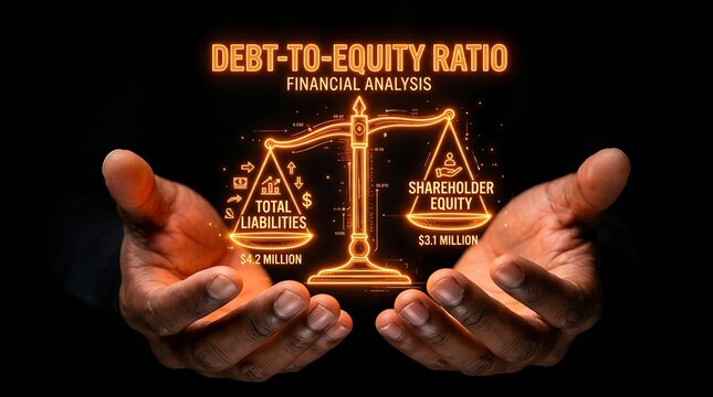 Debt-to-Equity Ratio Financial Analysis with Digital Scale and Hands.