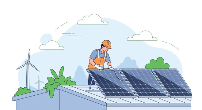 Rooftop solar panel installation by worker with wind turbines and clouds in background