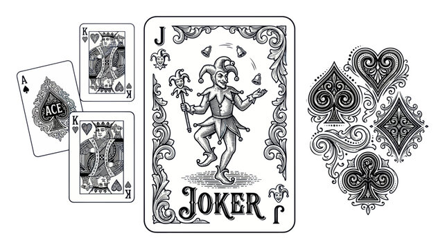 Joker playing card with vintage ace and kings, suits illustration