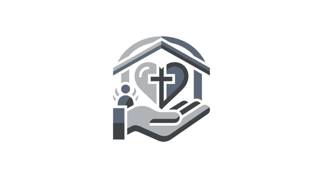 Christian Care and Protection Icon: Hand Holding Heart with Cross Under Shelter