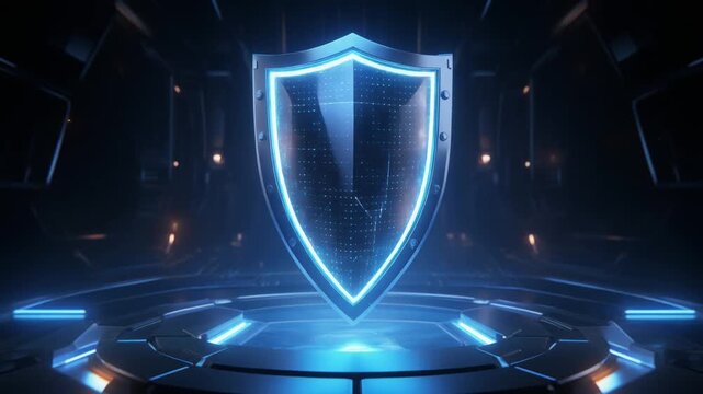 Glowing digital security shield animation floating above a mechanical platform in a dark futuristic video clip