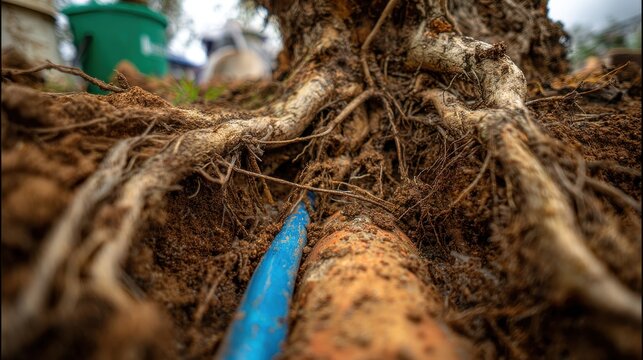 Tree roots intertwined with underground water pipes in soil