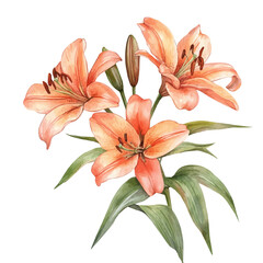 Fototapeta premium Lily Branch, beautiful watercolor illustration with vivid colors and detailed vector style, isolated on a white background.
