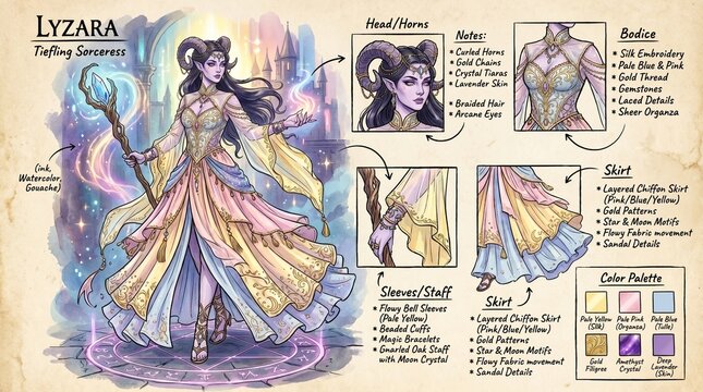 Pastel tiefling sorceress character design with magical crystal staff