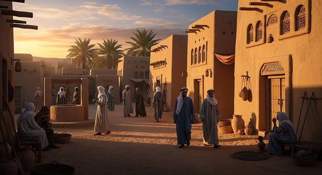 Traditional Middle Eastern village scene with people in robes walking and sitting in a desert town
