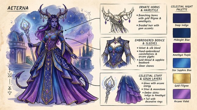Celestial tiefling sorceress character design with cosmic arcane gown