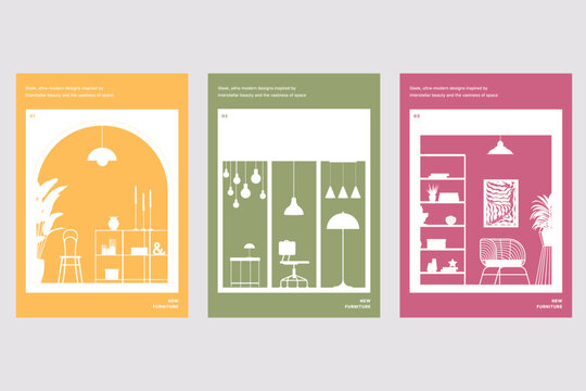 Furniture showroom flyer collection with interior room illustrations. Flat vector illustration isolated on white background