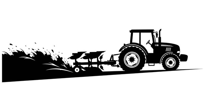 Tractor with plow silhouette against a white background
